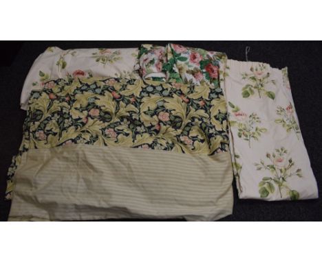 Textiles - a Morris and Co linen union curtain, Leicester; a pair of vintage Sanderson curtains, Roses; another pair similar