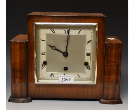 A mahogany cased mantel clock by Anvil, square dial, Art Deco style 