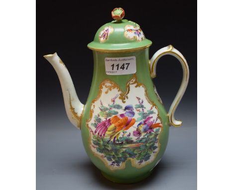 A Worcester baluster coffee pot and cover, painted with fanciful birds within a gilt leafy cartouche, apple green ground, gil