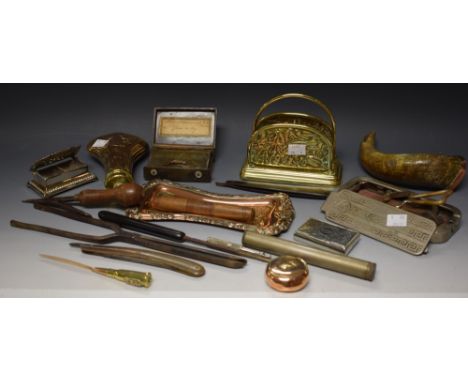 Boxes and Objects - A copper and brass Art Nouveau powder flask; a small music box, possibly Swiss; others, trench art, brass