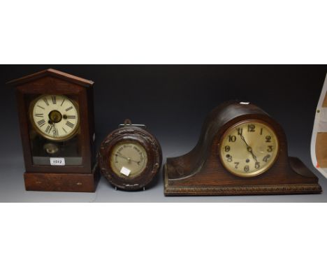 An American lancet top mantel clock, bell chiming movement; a barometer; etc. (3)