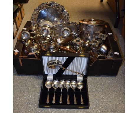 Metalware - a silver plated five branch candelabrum; a silver plated biscuit barrel; others including tea and coffee service;