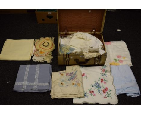 Textiles - hand embroidered tablecloths, including English country garden flower; others including crochet work, etc containe