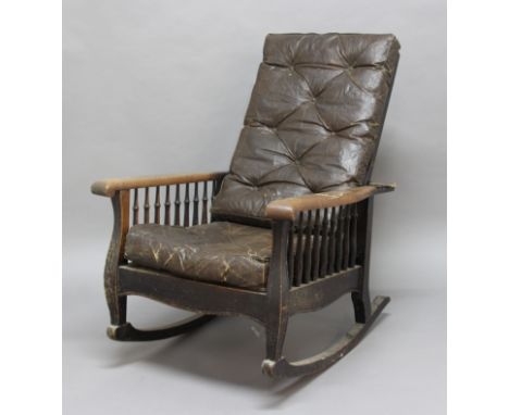 OAK ARTS AND CRAFTS 'MORRIS' ROCKING CHAIR, in the manner of Gustav Stickley, with reclining, ladder back, spindle supported 