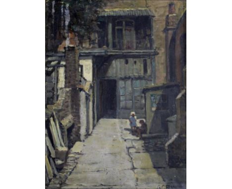 GEORGE CHARLES FRANCIS (1860-1940) A BACK-YARD IN ST PANCRAS Signed, also signed and inscribed on a label verso, oil on thin 