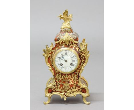 FRENCH LOUIS XV STYLE BOULLE MANTEL CLOCK, the 3 3/4" enamelled dial on a brass eight day movement half hourly striking to a 
