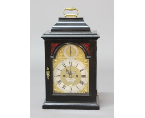 GEORGE III EBONISED BRACKET CLOCK, the brass dial with a 6 1/2" silvered chapter ring and plaque inscribed Robt Holland/Londo