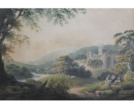 FRANCIS NICHOLSON (1753-1844) KIRKSTALL ABBEY, WITH FIGURES AND ANIMALS Watercolour and pencil 27.5 x 40cm. Provenance: Londo