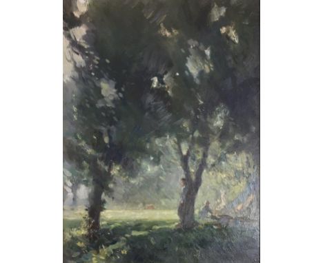 EDWIN BYATT (1888-1948) THE CAMP MORNING Signed, bears title on a label verso, oil on this panel 37 x 27.5cm.; with `An April