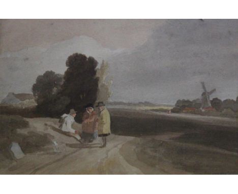 DAVID COX (1783-1859) FIGURES ON A COUNTRY ROAD Watercolour and pencil 18 x 26.5cm.; with a  brown wash drawing of `Warwick C