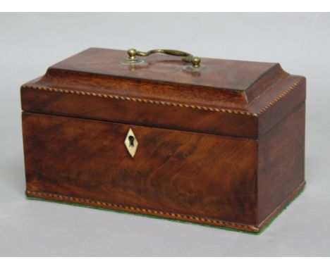 GEORGE III MAHOGANY AND INLAID TEA CADDY, the sarcophagus top with boxwood and ebony stringing enclosing three lidded pewter 