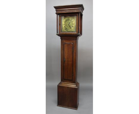 OAK AND WALNUT LONGCASE CLOCK, the brass dial with a 10" chapter ring inscribed Jno. Ivison on a brass, eight day, four pilla