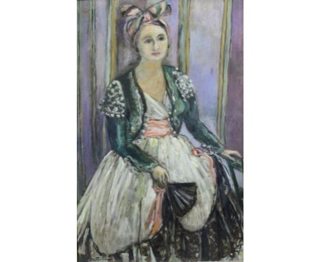 •MARTHE LEBASQUE (1897-1977) PORTRAIT OF A LADY WITH A BLACK FAN Signed, also signed verso, oil on board 97.5 x 62.5cm. ++ So