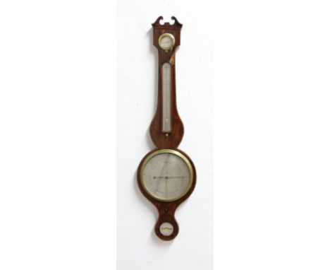 MAHOGANY AND LINE INLAID WHEEL BAROMETER, with hygrometer, arched thermometer, 8" main dial and spirit level inscribed Pagani