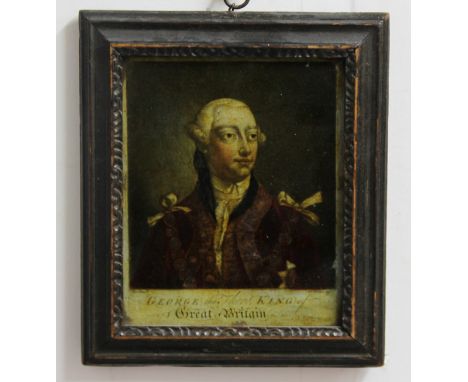 PAIR OF GLASS PICTURES; portrait of George III and Queen Charlotte in original frames, 15cm x 12cm (2)
