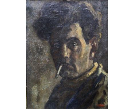 •BERNARDUS CORNELIS `COR` NOLTEE (1903-1967) PORTRAIT OF A MAN WITH A CIGARETTE, POSSIBLY A SELF PORTRAIT Signed, oil on canv