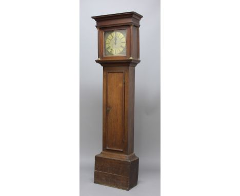 OAK LONGCASE CLOCK, the brass dial with a 10" chapter ring inscribed Thos Thorp Colchester on a brass, single hand, 30 hour l