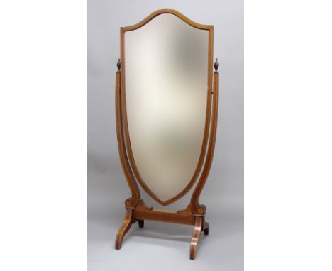 SHERATON REVIVAL MAHOGANY CHEVAL MIRROR, the bevelled shield shaped plate on an inlaid frame with scrolling supports, height 