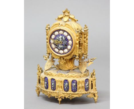 FRENCH GILT METAL AND PORCELAIN MANTEL CLOCK, the 3 3/4" porcelain dial inscribed Le Roy &amp; Fils, Palais Royal, Glle Montp