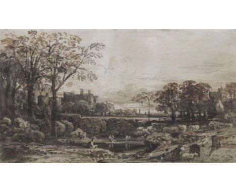 JOHN VARLEY (1778-1842) LANDSCAPE SCENE WITH FIGURES BY A POOL, CASTLES BEYOND Brown and grey washes 11.5 x 19.5cm.; with two