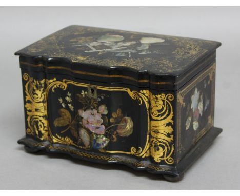 VICTORIAN PAPIER MACHÉ TEA CADDY, inlaid with mother-of-pearl, the interior with twin lidded canisters, height 13cm, width 20