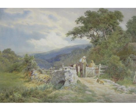 CHARLES JAMES ADAMS (1859-1931) MEETING AT THE OLD COUNTRY GATE Signed, watercolour and pencil 35.5 x 51cm. ++ Slight discolo