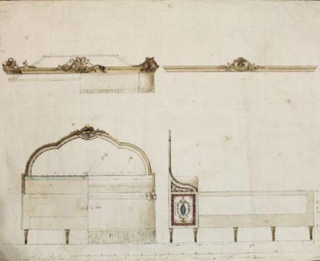 A FOLIO OF ARCHITECTURAL/DESIGN DRAWINGS, 19th CENTURY  principally French, comprising a variety of subjects (for a grand bed