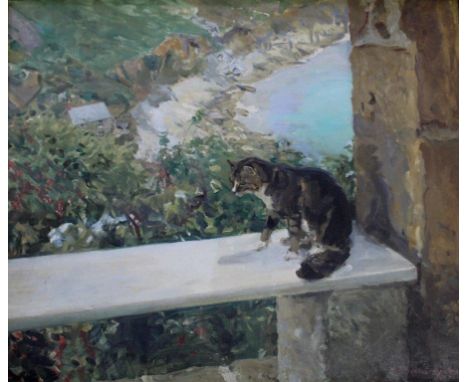 •CHARLES WALTER SIMPSON (1885-1971) GEORGE IN THE LOGGIA (`GEORGE AT DUNCAN'S`) Signed, oil on canvas 49.5 x 59.5cm. Exhibite