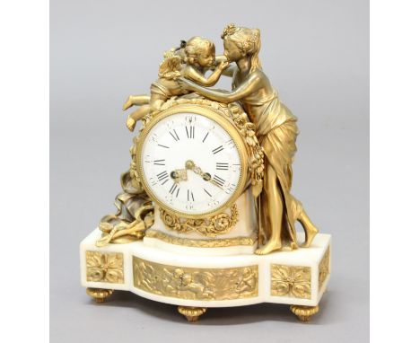 FRENCH WHITE MARBLE AND GILT METAL MOUNTED MANTEL CLOCK, the 4 1/2" enamelled, domed dial on a brass, eight day, movement hal