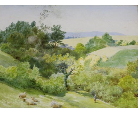 JOSEPH WILLIAM CAREY (1859-1937) SHEEP AND A COUNTRY GIRL IN A SUMMER LANDSCAPE Signed and dated 1893, watercolour over trace