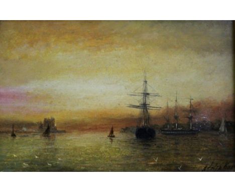 ADOLPHUS KNELL (Fl.1860-1890) VESSELS AT SUNDOWN Signed, oil on board 14.5 x 22cm. ++ Scattered retouching; needs a light cle