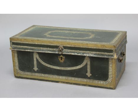 GEORGE III LEATHER AND BRASS BOUND TRUNK, with brass studded decoration, the interior with paper label reading 'Ashoe No.5', 