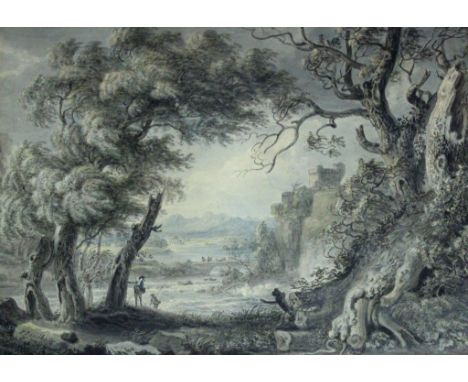 ATTRIBUTED TO PAUL SANDBY, RA (1725-1809) A CAPRICCIO: MEN FISHING AT A ROCKY POOL BELOW A WATERFALL, A CASTLE ON A BLUFF BEY