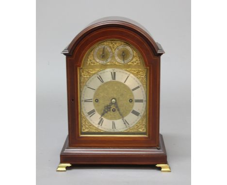 EDWARDIAN MAHOGANY AND INLAID BRACKET CLOCK, the brass dial with 8" silvered chapter ring, chime silent and Westminster Eight
