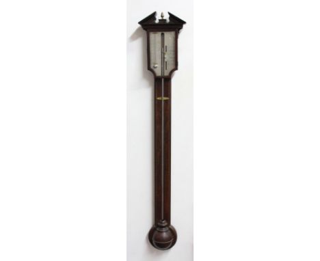 MAHOGANY AND INLAID STICK BAROMETER, early 19th century, the silvered scale inscribed ?Avano? fecit above a feather inlaid bo