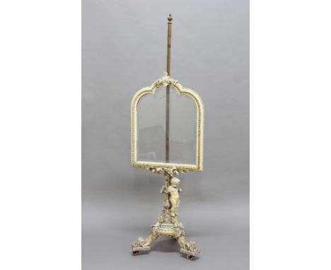 CONTINENTAL PAINTED AND GILT FIRESCREEN, the glazed, arched screen with beading and foliate crest on a scrolling tripod base 