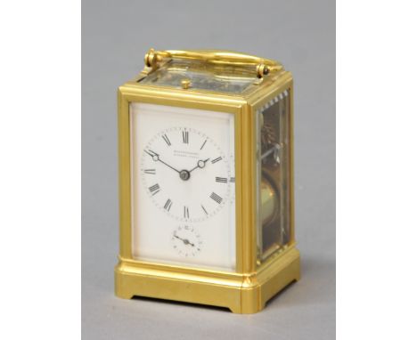 GILT BRASS CARRIAGE CLOCK, the enamelled dial inscribed Klaftonberger/157 Regent Street above an alarm dial, the brass, eight