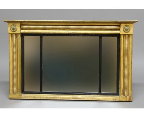 19TH CENTURY OVERMANTEL MIRROR, the triple plates in a gilt frame, height 63cm, width 106cm