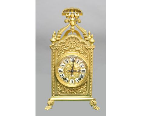 FRENCH BRASS MANTEL CLOCK, the gilt dial with enamelled numerals on a brass, eight day movement half hourly striking to a gon