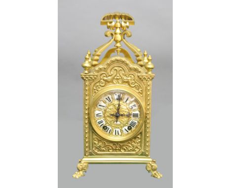 FRENCH BRASS MANTEL CLOCK, the gilt dial with enamelled numerals on a brass, eight day movement half hourly striking to a gon