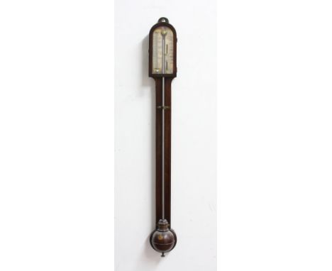 MAHOGANY STICK BAROMETER OF IRISH INTEREST, the silvered, arched gauge inscribed T Bennett/Patrick Street/Cork, the spherical