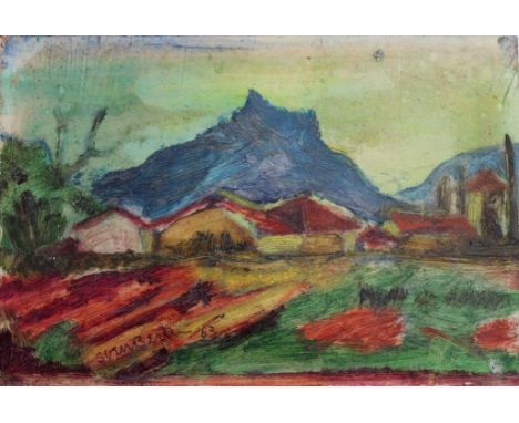 •SVEN BERLIN (1911-1999) BLUE MOUNTAINS ON THE ROAD TO MADRID Signed and dated 63, oil on Masonite, unframed 15 x 22cm.; with