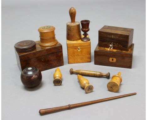 MIXED LOT OF TREEN: to include a 19th century lawn bowl, satinwood tea caddy, other caddies, baton, boxes etc (14)