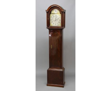 MAHOGANY LONGCASE CLOCK, the brass dial with an 11 1/4" silvered chapter ring and centre inscribed Henry Hawkins Plymouth, wi