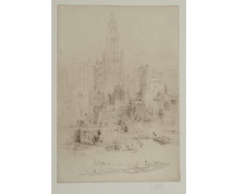 WILLIAM WALCOT (1874-1943) DOWNTOWN MANHATTAN FROM THE EAST RIVER, WITH A DISTANT VIEW OF THE WOOLWORTH BUILDING; LOWER BROAD
