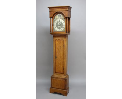 OAK AND WALNUT LONGCASE CLOCK, the brass dial with an 11 1/2" silvered chapter ring inscribed Jno Follit Lichfield beneath a 