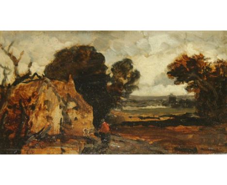 WILLIAM JAMES MULLER (1812-1845) LANDSCAPE WITH COTTAGE Oil on board 13.5 x 23.5cm. ++ Needs a light clean