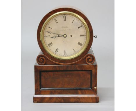 REGENCY MAHOGANY BRACKET CLOCK AND BRACKET, the 7 1/2" silvered dial inscribed Widenham/13 Lombard Street/London, inside a fo