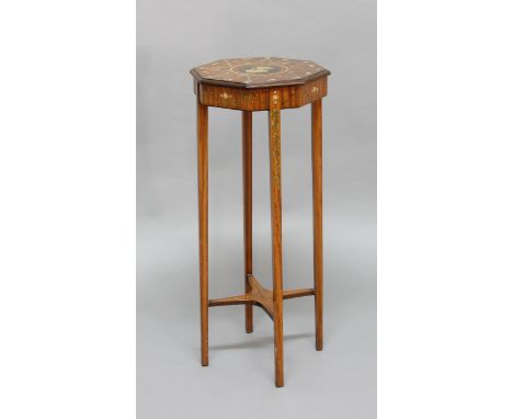 EDWARDIAN PAINTED SATINWOOD PLANT STAND OR SIDE TABLE, of octagonal form, the top painted with a portrait surrounded by swags