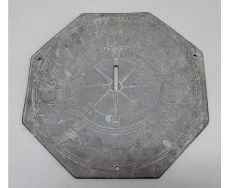 GEORGE III SLATE SUNDIAL, inscribed James Walsh, Sculpsit, of octagonal form with a central compass, lacking gnomon, maximum 
